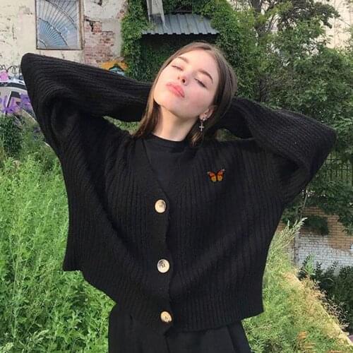 Cardigan woman Black butterfly soft waxy v-neck knitted cardigan thin sweater coat women vintage sweater knit cardigan y2k top