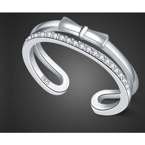 100% 925 Sterling Silver New Fashion Boho Double Thread Sweet bow Ring For Women Dainty Rings Fine Jewelry Gift