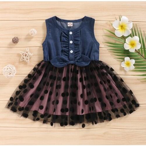 Summer Kids Baby Girls Polka Dot Denim Dress Sleeveless Short Sleeve Patchwork Denim Mesh Dresses Girls Clothing