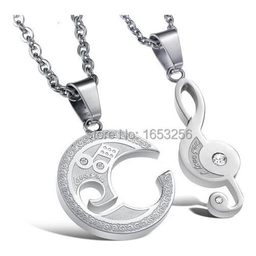 Fashion Stainless Steel Couple Matching Music Note "I Love You" Pendant Necklace Chain