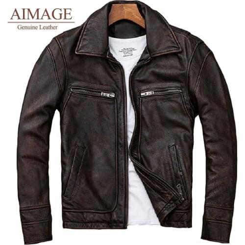 Leather Jacket Men Brown Vintage Cowhide Genuine Leather Coat Motorcycle 100% real Cow Jacket Slim Fit clothes S-5XL PY046