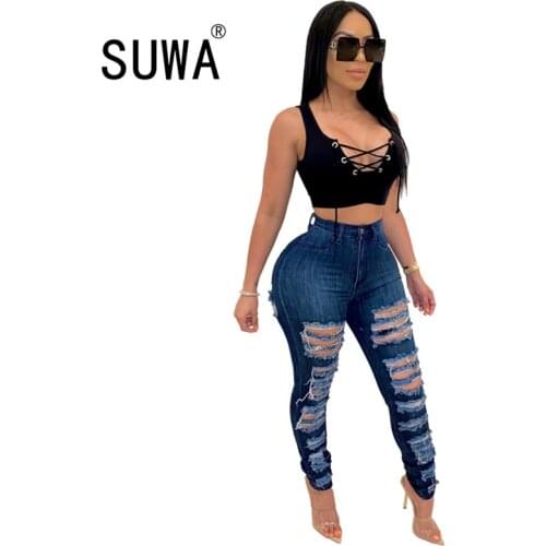 2020 New Blue Jeans Pancil Pants Women High Waist Slim Hole Ripped Denim Jeans Casual Stretch Skinny Trousers Jeans