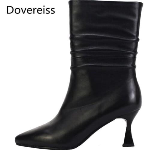 Dovereiss Fashion Womens Shoes Winter new Elegant Pure color Slip on Stilettos heels Half boots Genuine leather Concise 34-40
