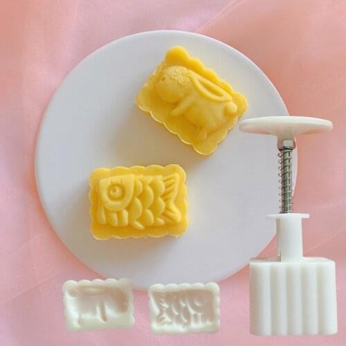 Rectangle Moon Cake Mould Hand Pressure Cookies Cutter Exquisite Rabbit Carp Pastry Tool Moon Cake Maker Bath Bombs Gift