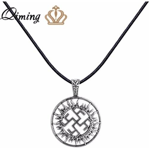 QIMING Symbol Slavic Pendant Necklace Gift For Boyfriend Fashion Black Chain Necklace For Women fashion Charm Jewelry Bijoux