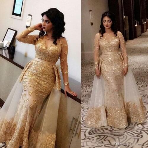 Luxury Gold Prom Dress With Detachable Train Glitter Sequins Beads Appliqued Robe De Soiree Long Sleeve Custom Made Evening Gown