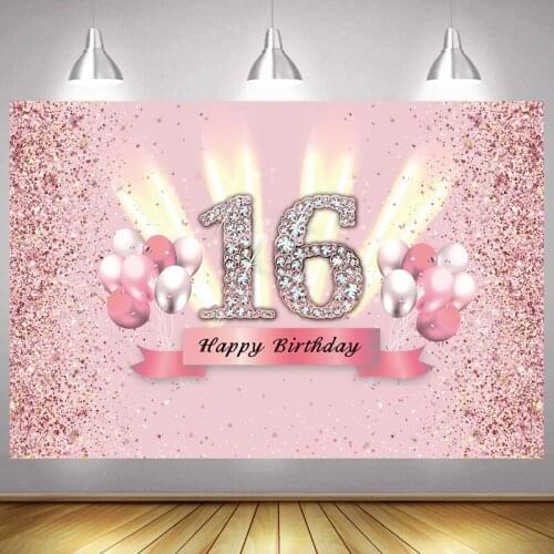 Pink Sweet 16th Photo Backdrop Girls Happy Birthday Party Custom Sixteen Flower Decoration Photography Backgrounds Banner
