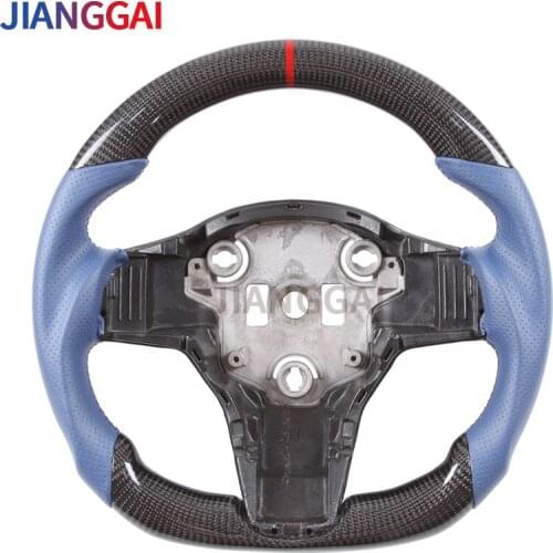 Steering Wheel 100% Carbon Fiber Blue Perforated Leather For Tesla Model 3 Series