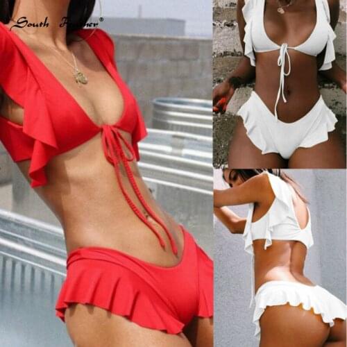 South Feather Sexy Bikinis 2019 Mujer Ruffle Patchwork Thong Bikini Red Tankini Swimsuits May Women Fused Swimwear Swimming Suit