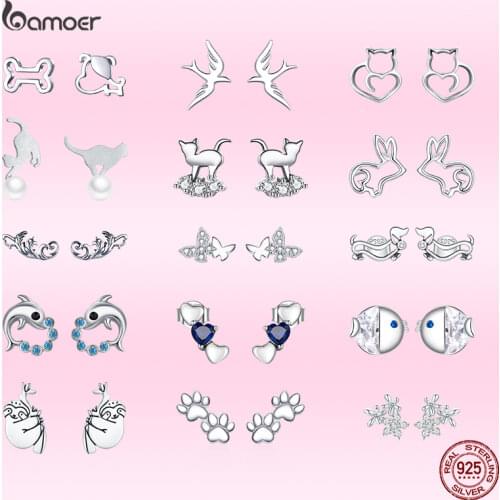 Bamoer Real 925 Silver Spring Swallow Cat Dog Puppy Rabbit Fish Tail Animal Stud Earrings Hollow Simple Hypoallergenic Earrings