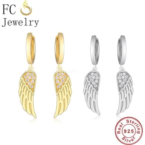 FC Jewelry 925 Silver Small Circle Gold Color Angel Wings Feather Zirconia Hoop Earring For Women Ear Piercing Accessories 2020