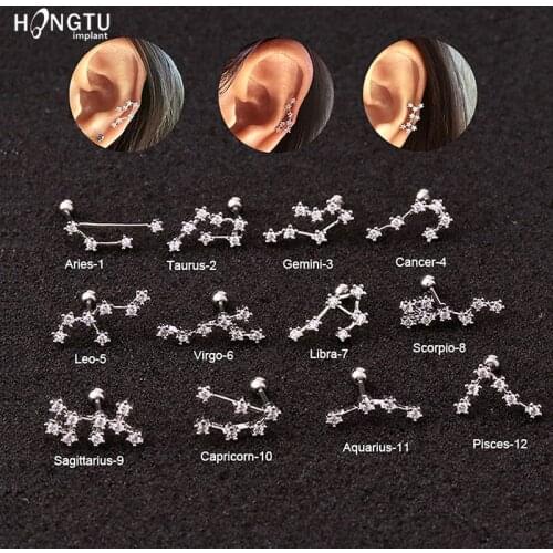 1PC Silver Color 12 Constellation Zircon Cartilage Earring Piercing Set Ear Stud Stainless Steel Shaft Ear Tragus Star Daith 20G