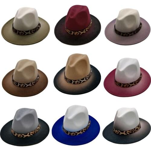 Fedora hat gradient color European and American leopard belt top hat woolen top hat men and women trend felt hat jazz hat 2021
