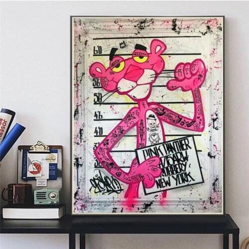 Street Graffiti Art Animal Pink Panther Canvas Painting Funny Animal Poster and Prints Wall Art Picture for Living Room Decor