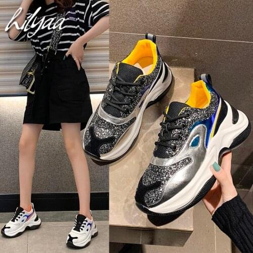 Spring Women Sneakers Thick Bottom Sequins PU Leather Female Platform Trainers Vulcanize Shoes Ladies Sneakers Dad Shoes