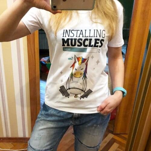 Cute unicorn installing muscles funny tshirt women jollypeach brand new white casual short sleeve femme kawaii t shirt