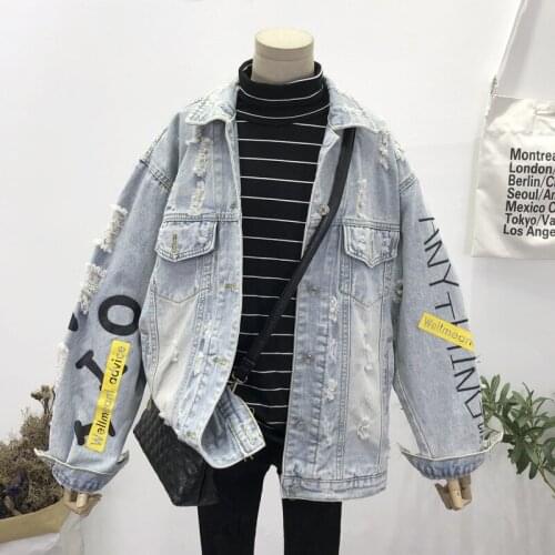 Womens Harajuku Vintage Graffiti Letters Printing Washed Light blue Hole Denim jacket Plus size Loose Bomber jacket Streetwear
