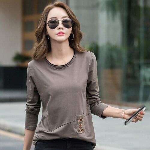 Grace&Taste Spring/Summer Pure Cotton Top Womens Korean Loose Long Sleeve T-Shirt Round Collars Embroidered Bottomwear Tees
