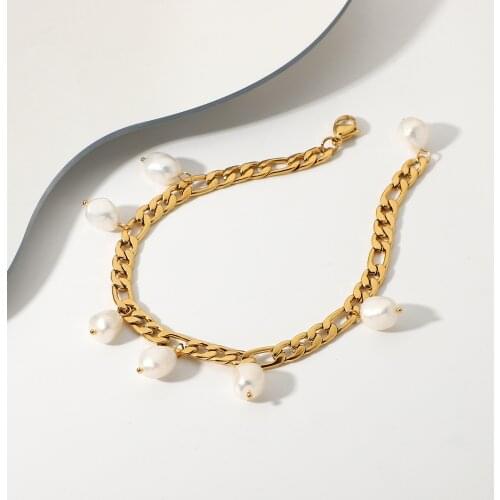 18K Gold Plated Stainless Steel Anklets For Women Figaro Chain Freshwater Pearl Pendant Anklet Foot Jewelry