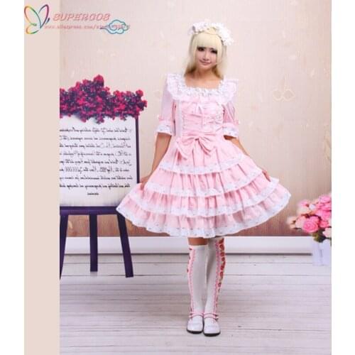 Free shipping! New Arrivals! High quality! Cotton Pink Lace Front Ties Detachable Sleeves Sweet Lolita Dress