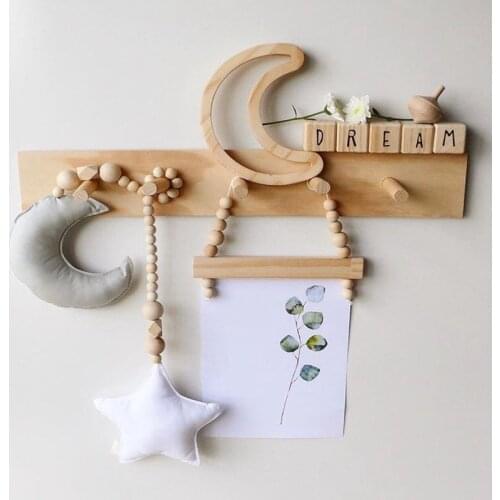 C Nordic Wooden Beads fabric Moon Star cloud Kids Room Wall Hanging Decoration Baby Tents Ornaments Stroller Accessories Gifts