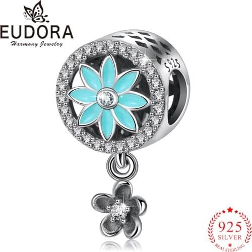 Eudora real 925 Sterling Silver Elegant Green Flower Crystal Beads Bright CZ Charms fit Charm Bracelet DIY Jewelry for girl Z106