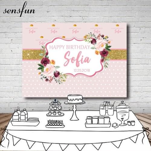 Sensfun Pink Flower Photography Backdrop Custom Gold Glitter Polka Dots Girls Happy Birthday Backgrounds For Photo Studio