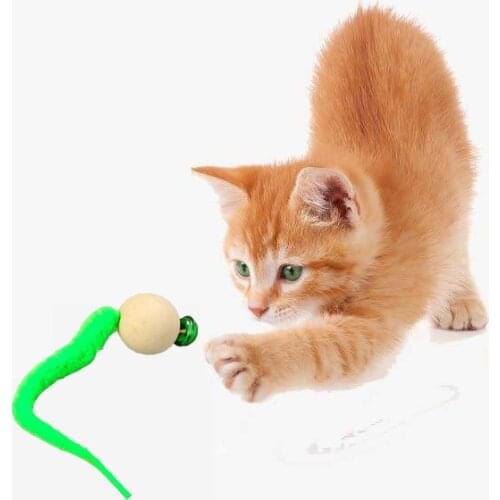 Random Color Simulation Worm Toy With Bell Sounding For Pet Wooden Wiggly Ball Head Plush Tail Interactive Teaser Cat Chewing