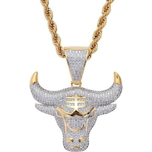 Full Rhinestone Cow Head Pendant Necklace Bling Ice Out Stainless Steel Gold Necklace
