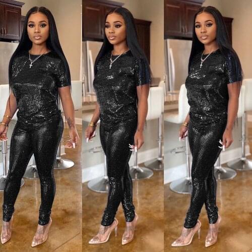 Spring/Autumn Women Set Short Sleeve T-shirt + Pants Two-piece Suit Fashion Sequin Pullover Top Pencil Pants Lady Casual Suits
