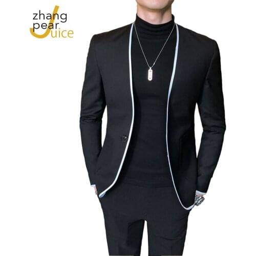 Men Patchwork Fashion Casual V Neck Coat Blazer Slim Fit Single Button European Mans Suit Black Blazer Hombre Chaquetas