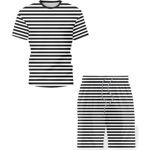 2021 Summer New Mens Sets Hawaii O-Neck Striped T-Shirt+Mens Shorts Sportswear Casual Sweatshirt Fitness Clothes Large Size