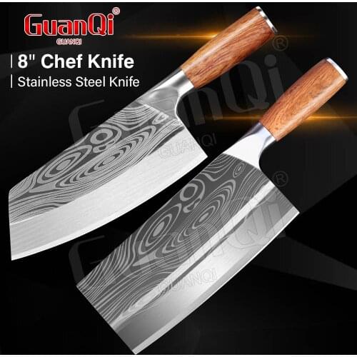 2PCS Kitchen Knives Damascus Laser Pattern Chef Knives Stainless Steel Meat Vegetable Slicing Knives Damascus Cleaver Knife Set