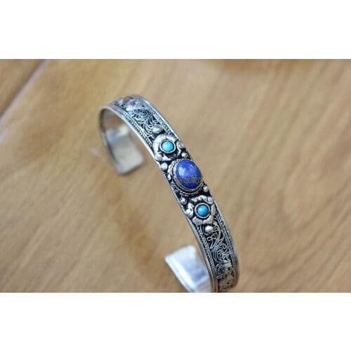 Charming Handmade palace antique lapis lazuli Silver Opening Bracelet