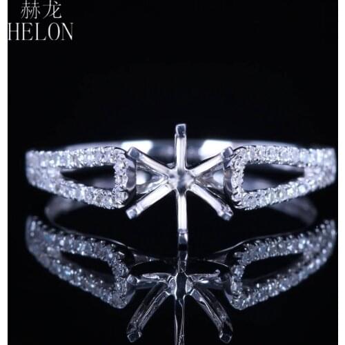 HELON Solid 14k White Gold Natural Diamonds Wedding Ring Round Cut 6mm Semi Mount Engagement Ring Setting Women Jewelry