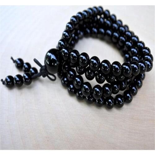 6mm Onyx Black Stone 108 Beads Handmade Tassel Necklace Bracelet Retro Wristband Spirituality Prayer