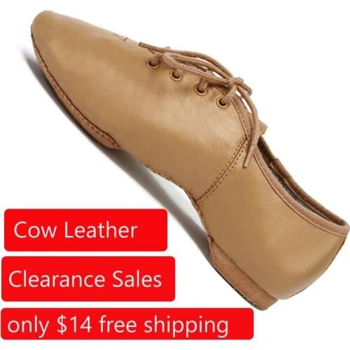 Professional Cow Leather Jazz Dance Shoes for Adult Suede Sole Tan Black DanceSport Ballet Shoes Lace Up Sneakers Big Discount