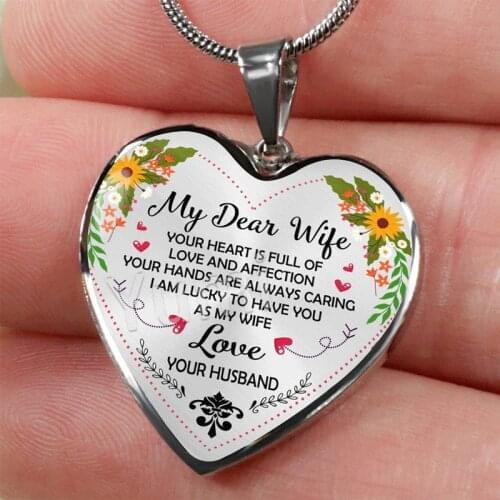 Romantic Heart Pendant Necklace Rose Flower To My Dear Wife Necklaces for Women Girls Jewelry Love Couples Gifts From Husband