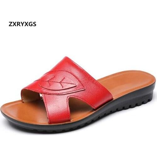 Hot 2021 New Summer Open Toe Genuine Leather Slippers Women Sandal Shoes Flat Slipper Sandals Black Red Comfort Elegant Sandals
