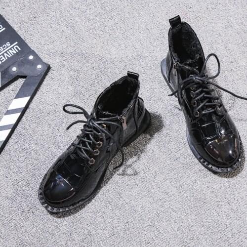 Japanned leather crocodile riding boots women rivets lace up zipper winter botas metal cover toe ankle booties solid women shoes
