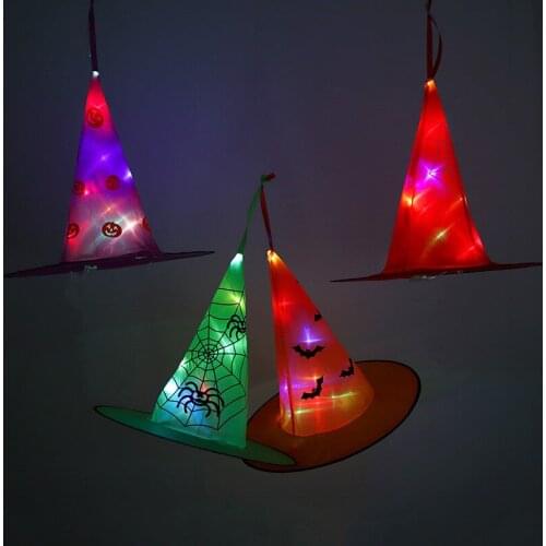 Costume Decor Halloween Party LED Wizard Witch Hat Glowing Hanging Decoration Hat Set for Tree Yard Garden Halloween Party