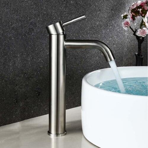Tall Bathroom Basin Sink Faucet Hot Cold Water Deck Mounted Single Hole Mixer Tap Solid Stainless Steel Kitchen Faucet