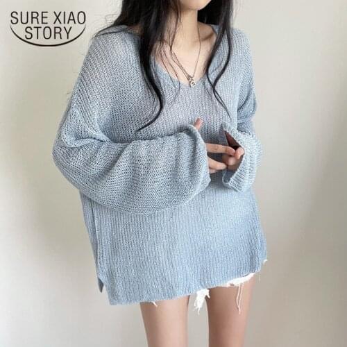 2021 Autumn White Blouse Hollow Out Sunscreen Sweater Loose Lady Tops V-neck Sweater Summer Sunscreen Blouse New Chic 15734