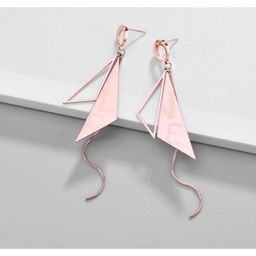 Elegant Triangle Love Letter Long Tassels Drop Earrings For Women Luxury Fashion Rose Gold Stainless Steel Earring Party Jewelry