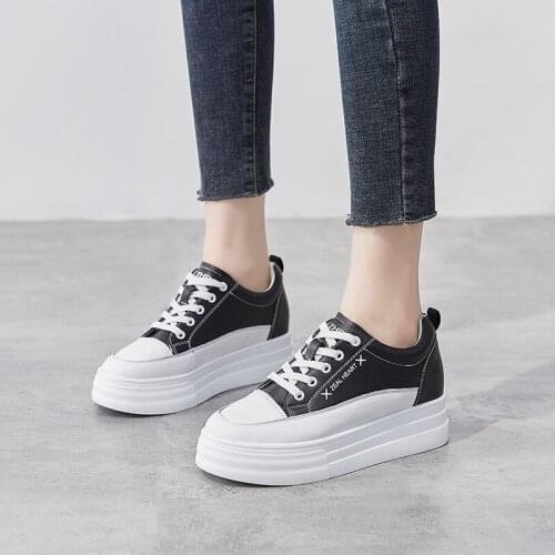 2021 Genuine Leather Women Platform Sneakers White Fashion Chunky High Heels Sneakers Shoes Lace Up Women Casual Shoe