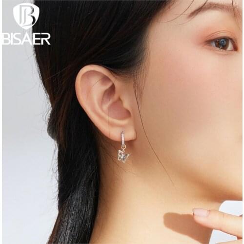 Butterfly Earrings BISAER 925 Sterling Silver Exquisite Butterfly Dangle Earrings Women Clear Cubic Zircon Jewelry ECE833