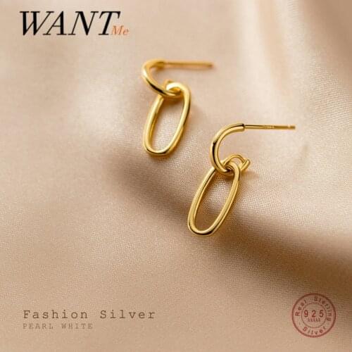 WANTME New Chic Korean Genuine 925 Sterling Silver Minimalist Geometric Oval Interlocking Stud Earrings for Women Office Jewelry