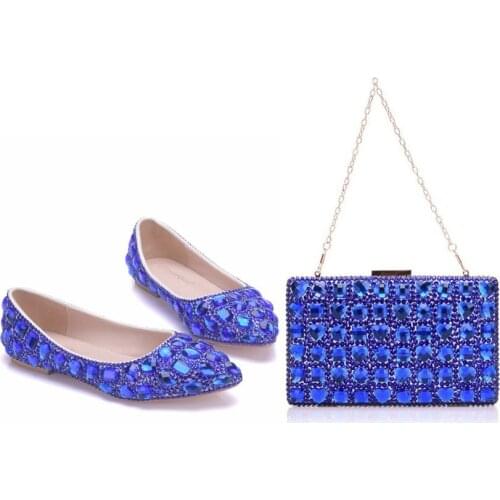 Crystal Queen Blue Crystle Shoes Rhinestone Flat Women Shoes Wedding Flats With Matching Bags Bride Purse Blue Crystal shoes