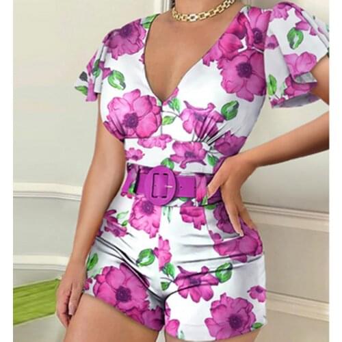 Fashion Women Summer Streetwear Flower Print Playsuits Patchwork Design V-Neck Short Sleeve Mid Waist Slim Jumpsuits(no Belt)
