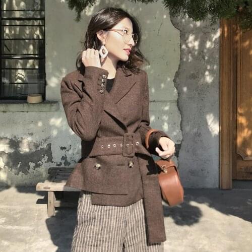 Office Lady Double Breasted Jackets Vintage Woolen Slim Long Sleeves With Blet Short Suit Jacket Female Femenino Blazer 2019